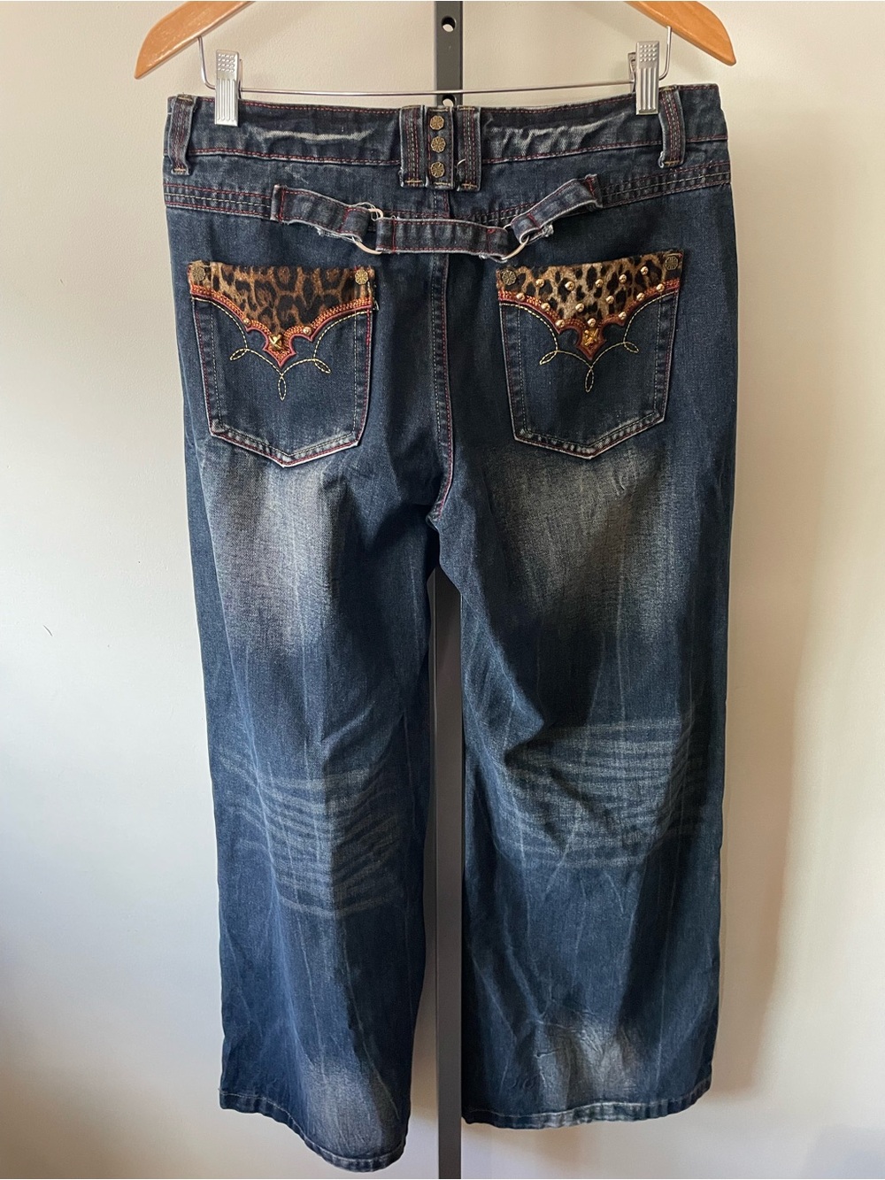 ROMWE Y2K Style Leopard Studded Wide Leg Denim Jeans Size Large